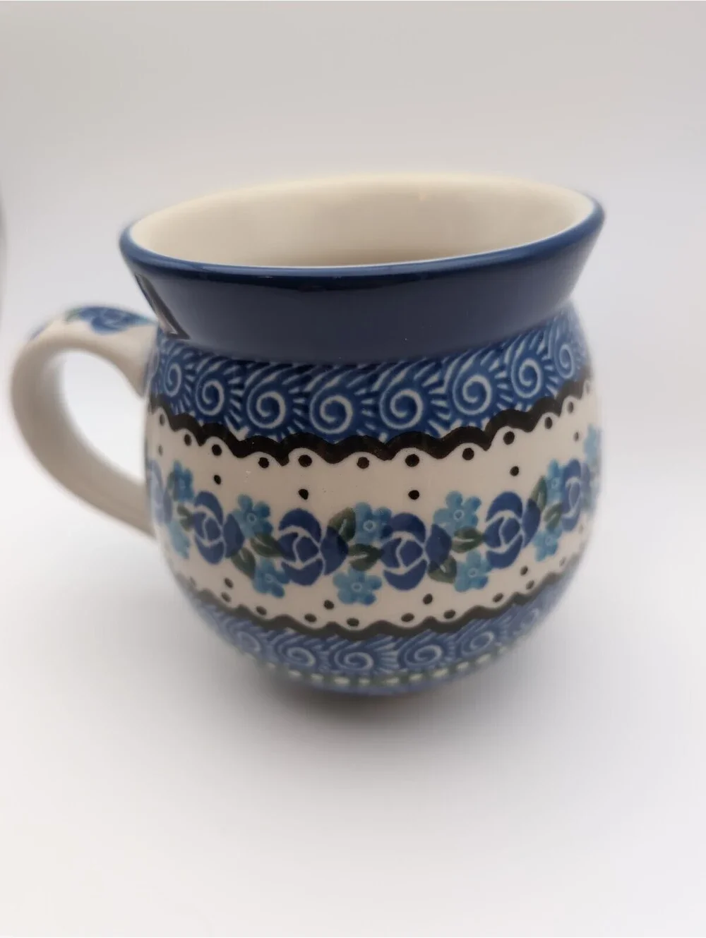 Polish Pottery Bubble Mug Blue Floral Swirl Ceramika Artystyczna Bolesławiec New